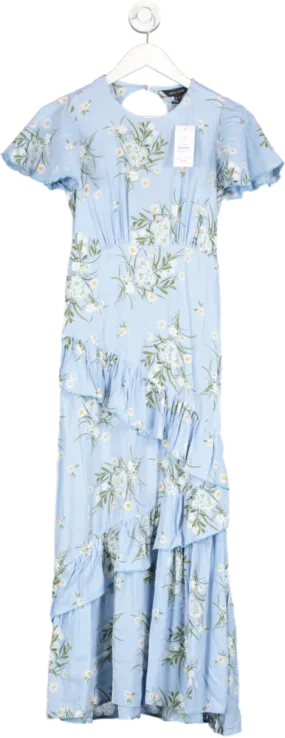 New Look Blue Floral Flutter Asymmetric Ruffle Midi Dress UK 6