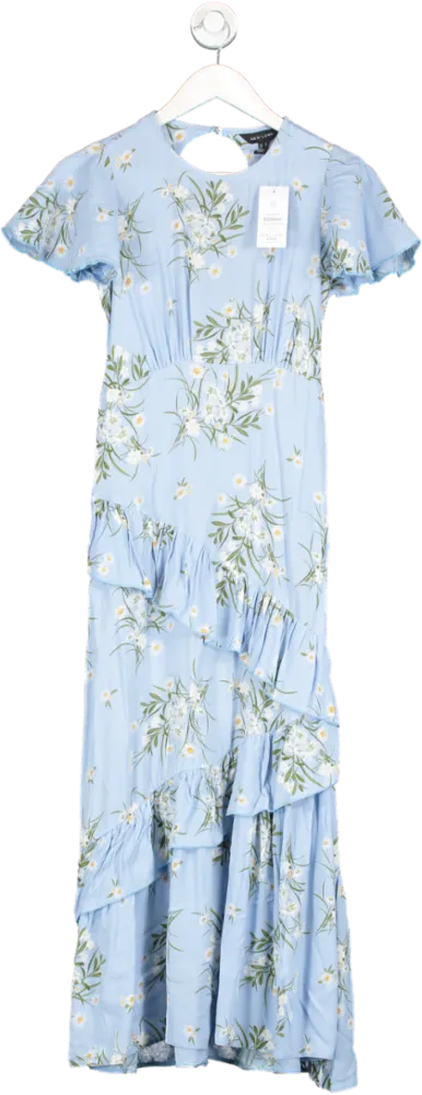 New Look Blue Floral Flutter Asymmetric Ruffle Midi Dress UK 6