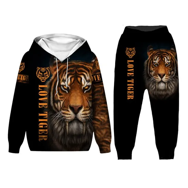 New Tiger 3D Printed Men Hooded Sweatshirts Teen Kids Casual Whiter Tiger Hoodies Pants Tracksuits 2pc Set Boys Clothing Suit