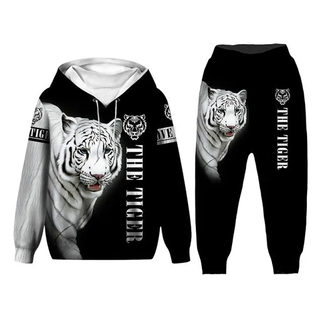 New Tiger 3D Printed Men Hooded Sweatshirts Teen Kids Casual Whiter Tiger Hoodies Pants Tracksuits 2pc Set Boys Clothing Suit