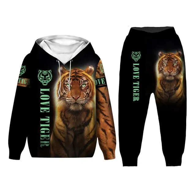 New Tiger 3D Printed Men Hooded Sweatshirts Teen Kids Casual Whiter Tiger Hoodies Pants Tracksuits 2pc Set Boys Clothing Suit