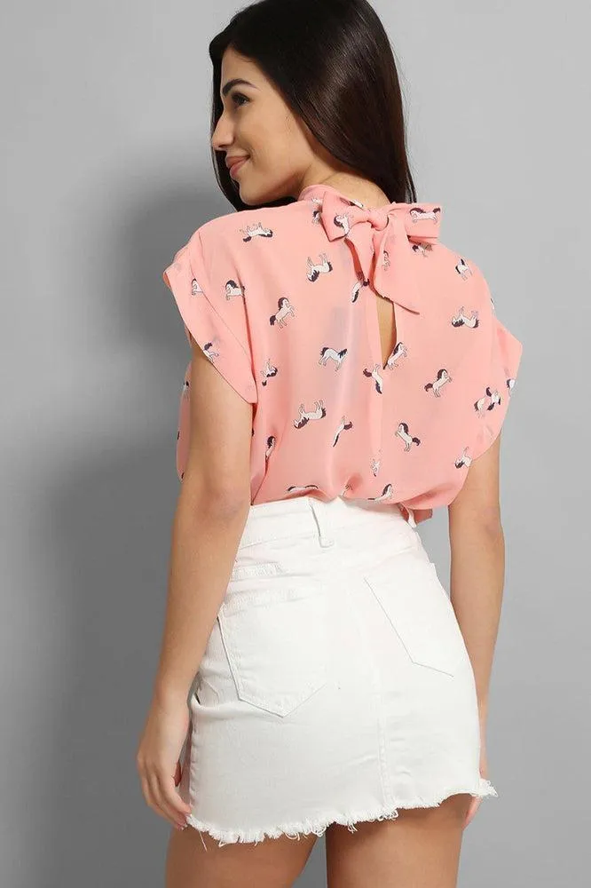 Pink Horses Print High Neck Short Sleeves Blouse