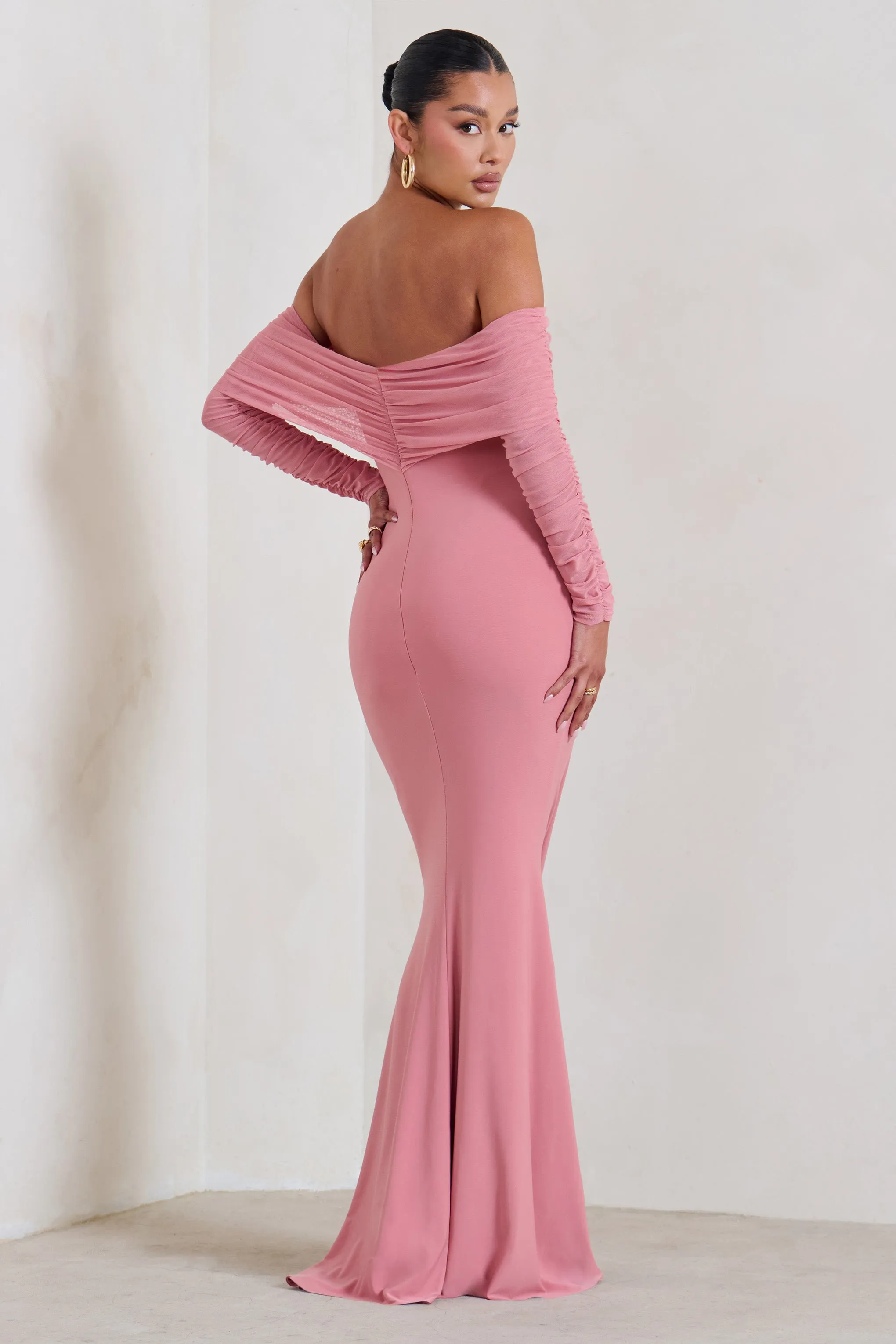 Pretty Perfect | Blush Pink Maternity Ruched Mesh Bardot Maxi Dress