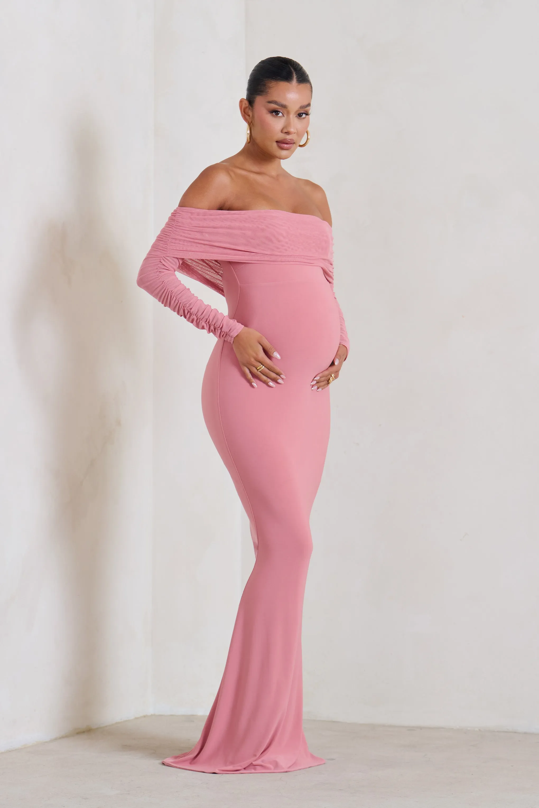 Pretty Perfect | Blush Pink Maternity Ruched Mesh Bardot Maxi Dress