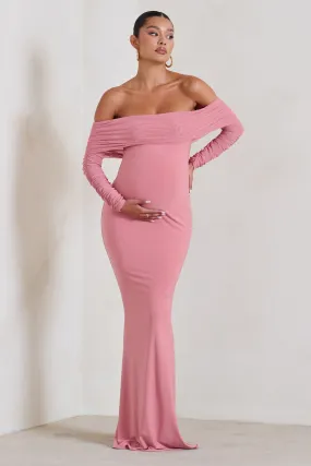 Pretty Perfect | Blush Pink Maternity Ruched Mesh Bardot Maxi Dress