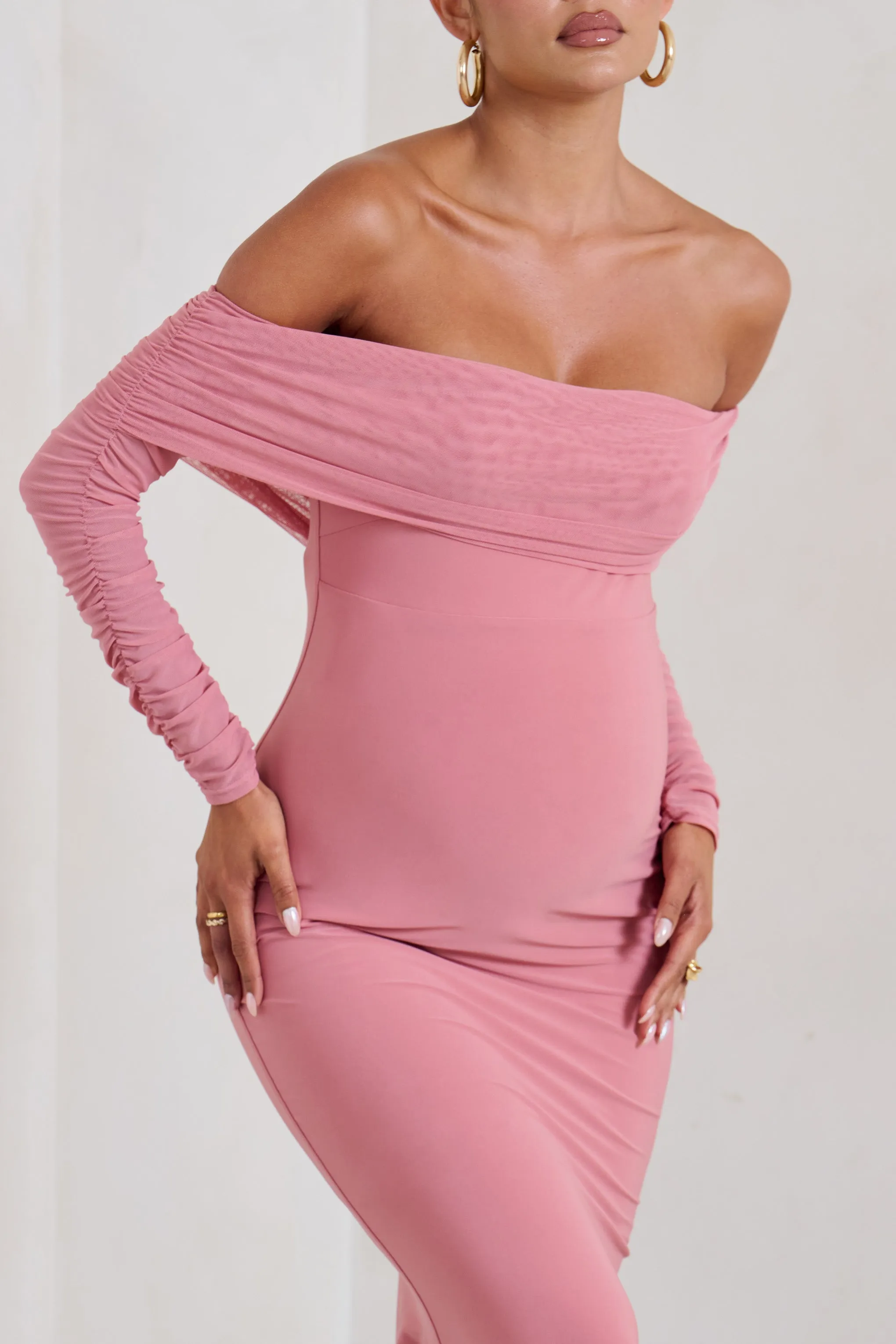 Pretty Perfect | Blush Pink Maternity Ruched Mesh Bardot Maxi Dress