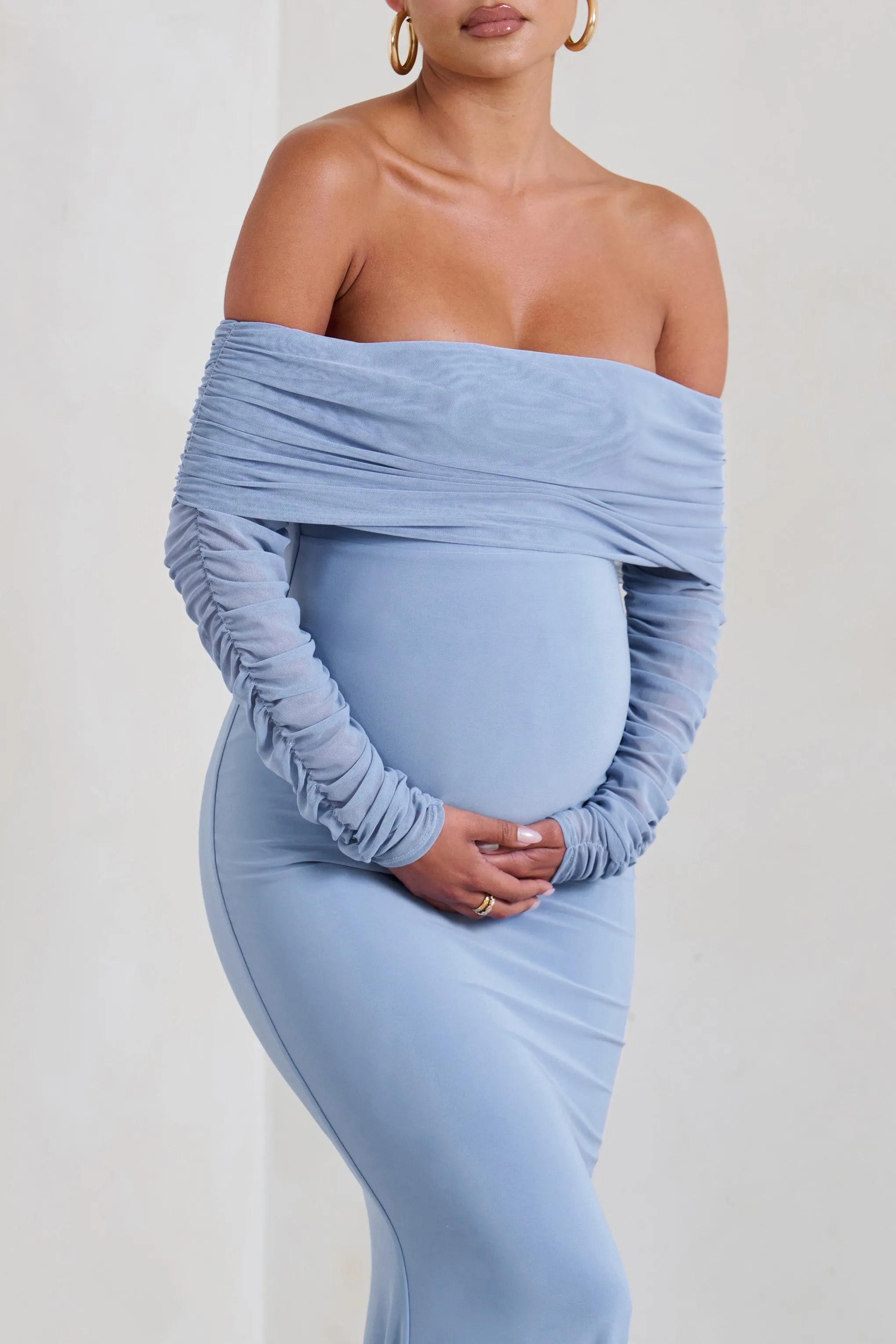 Pretty Perfect | Powder Blue Maternity Ruched Mesh Bardot Maxi Dress