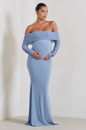 Pretty Perfect | Powder Blue Maternity Ruched Mesh Bardot Maxi Dress