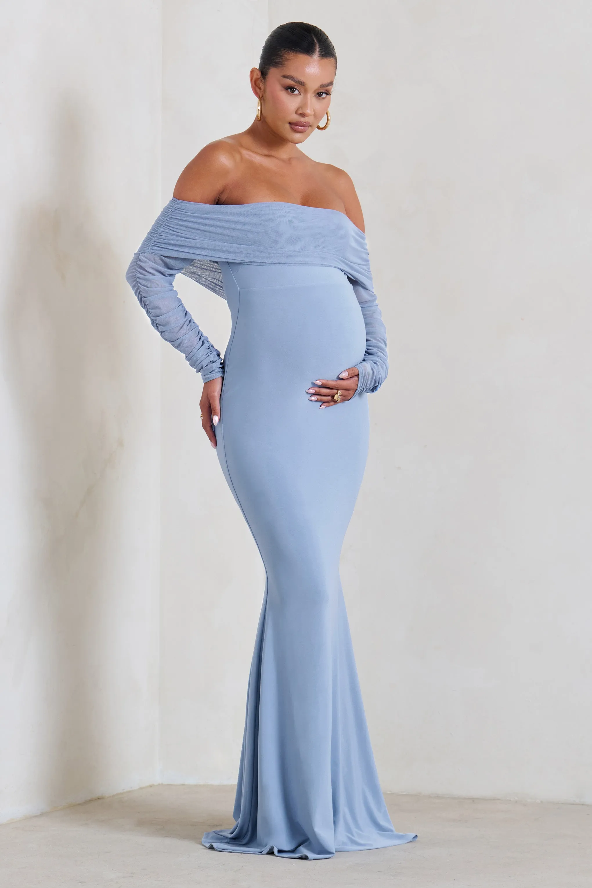 Pretty Perfect | Powder Blue Maternity Ruched Mesh Bardot Maxi Dress