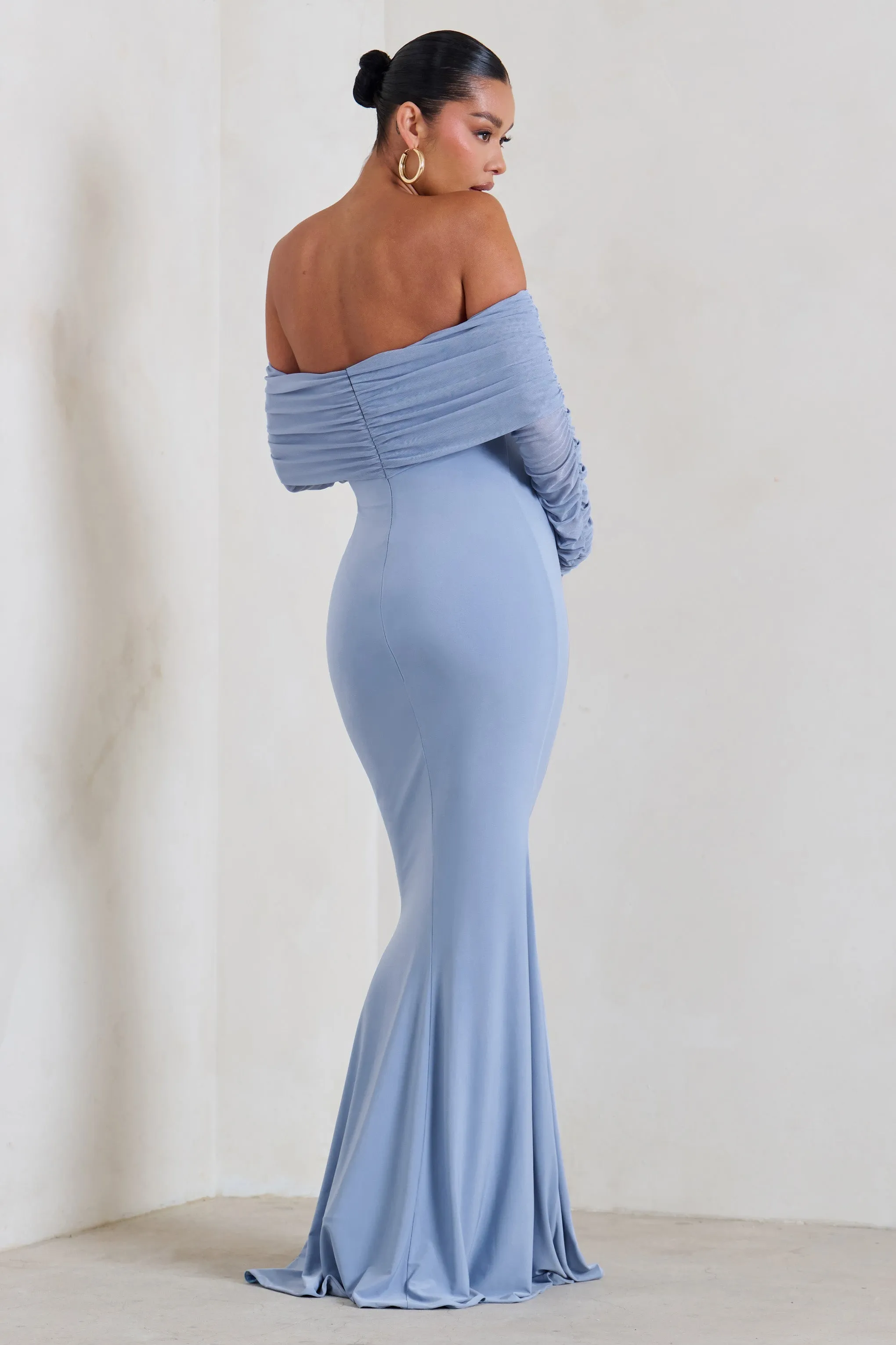 Pretty Perfect | Powder Blue Maternity Ruched Mesh Bardot Maxi Dress