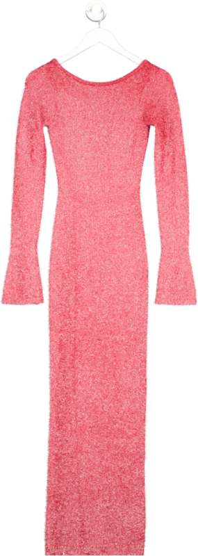 PrettyLittleThing Cherry Red Tinsel Knit Open Back Maxi Dress UK XS