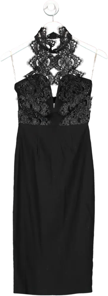 Rare Black High Neck Lace Midi Dress UK 8