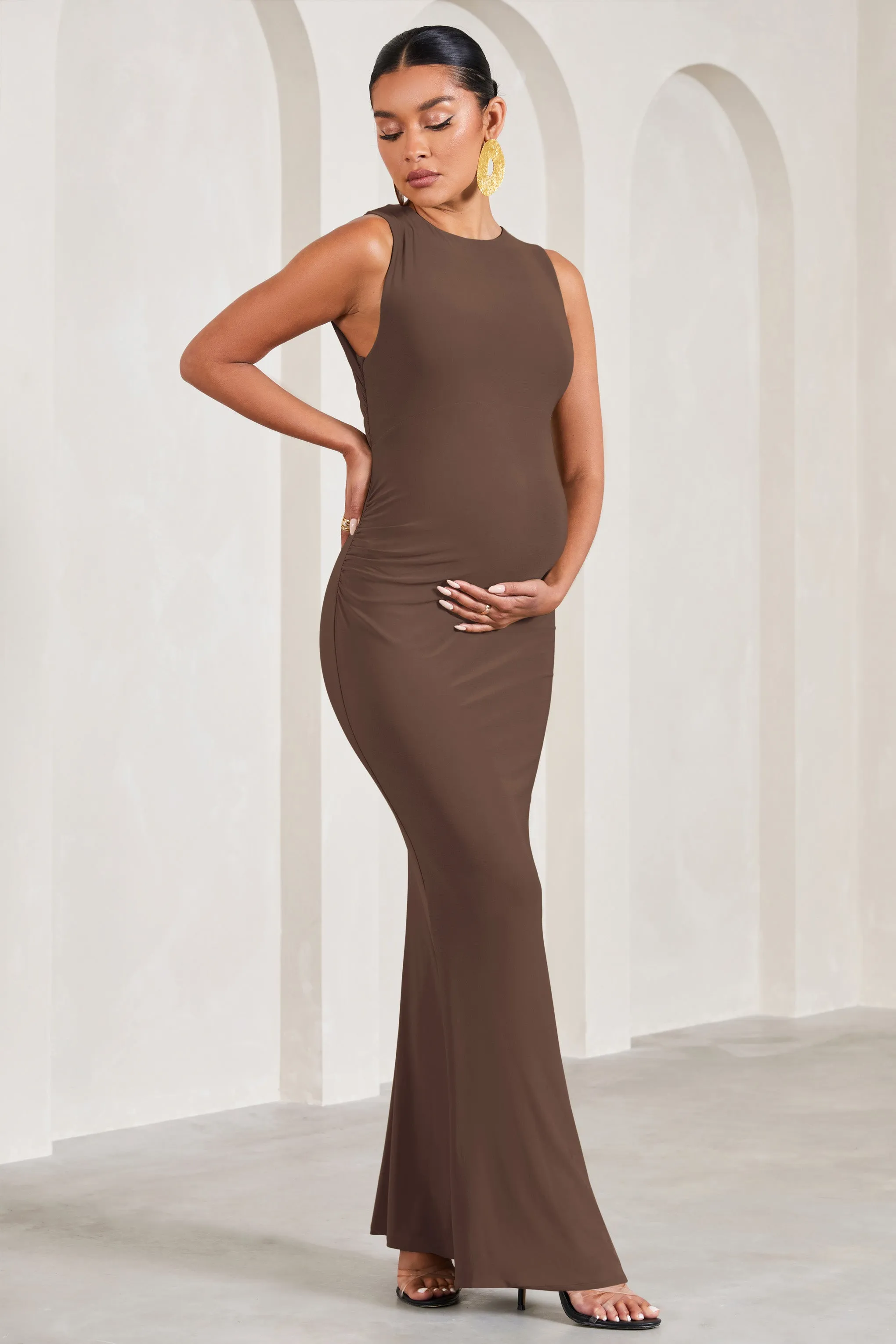 Riley | Chocolate Ruched Sleeveless Open-Back Maternity Maxi Dress