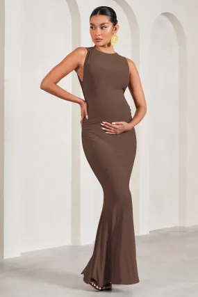 Riley | Chocolate Ruched Sleeveless Open-Back Maternity Maxi Dress