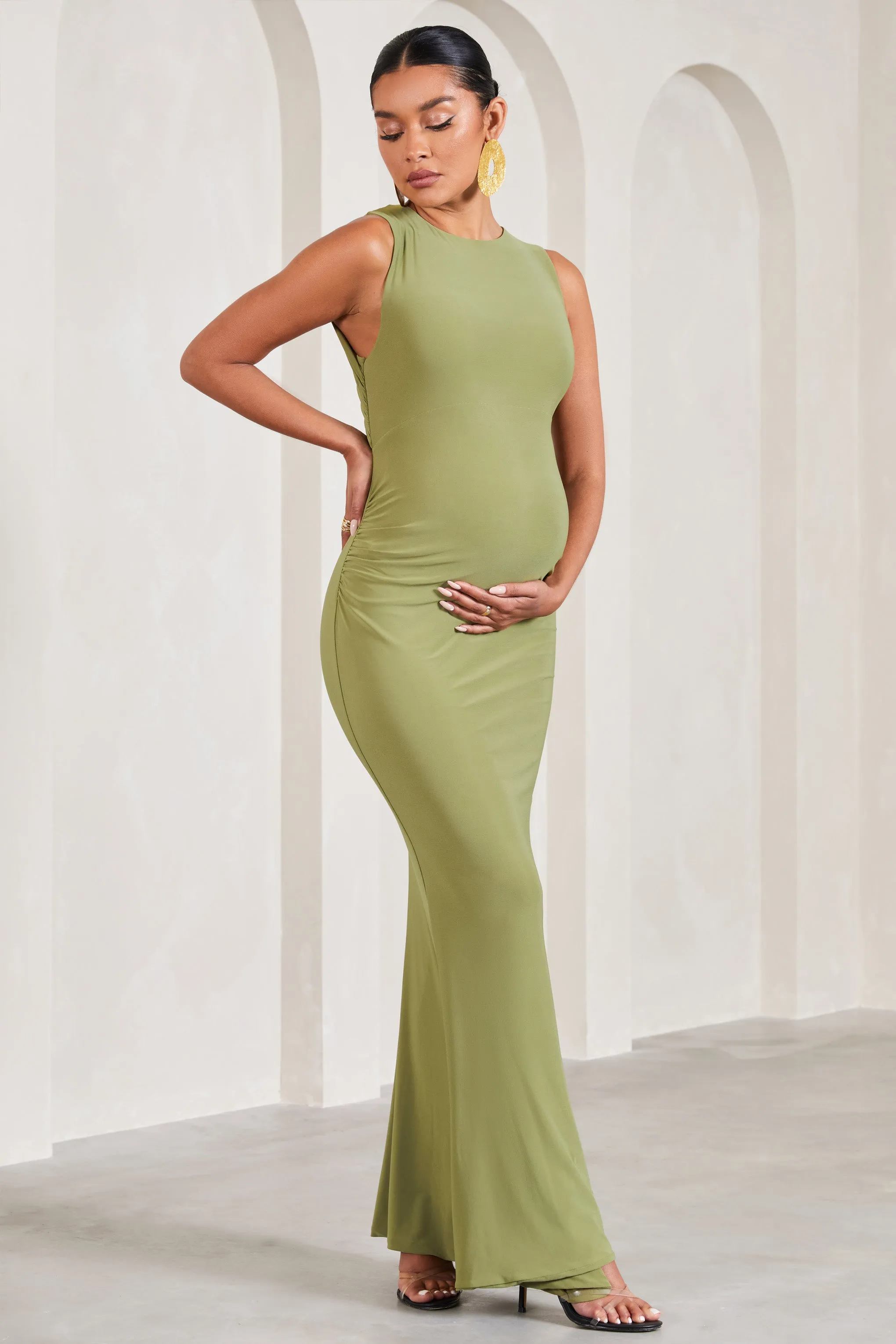 Riley | Olive Ruched Sleeveless Open-Back Maternity Maxi Dress