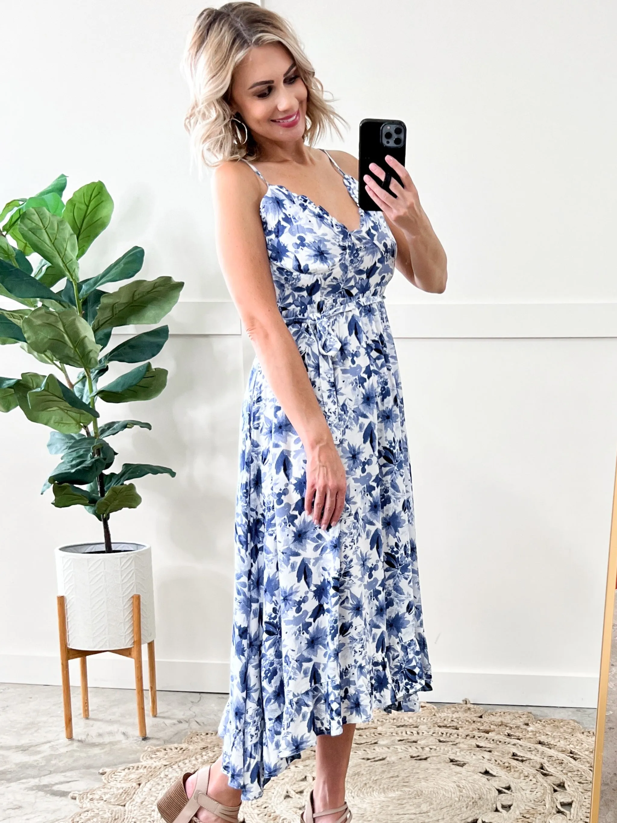 Ruffle Hem Midi Dress With Pockets In Porcelain Blue Florals