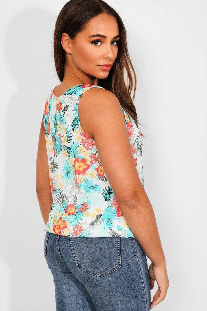 Tropical Print White Chiffon Sleeveless Top