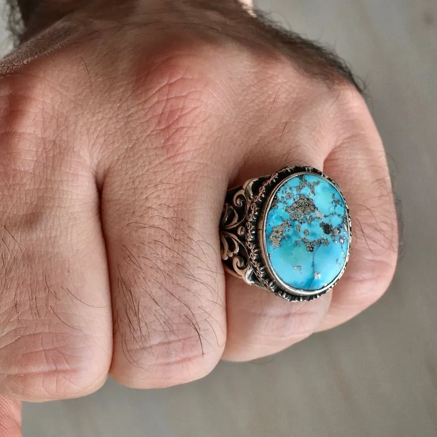 Turquoise Ring Handmade Sterling 925 Unique Turkish Artisan Mens Jewelry