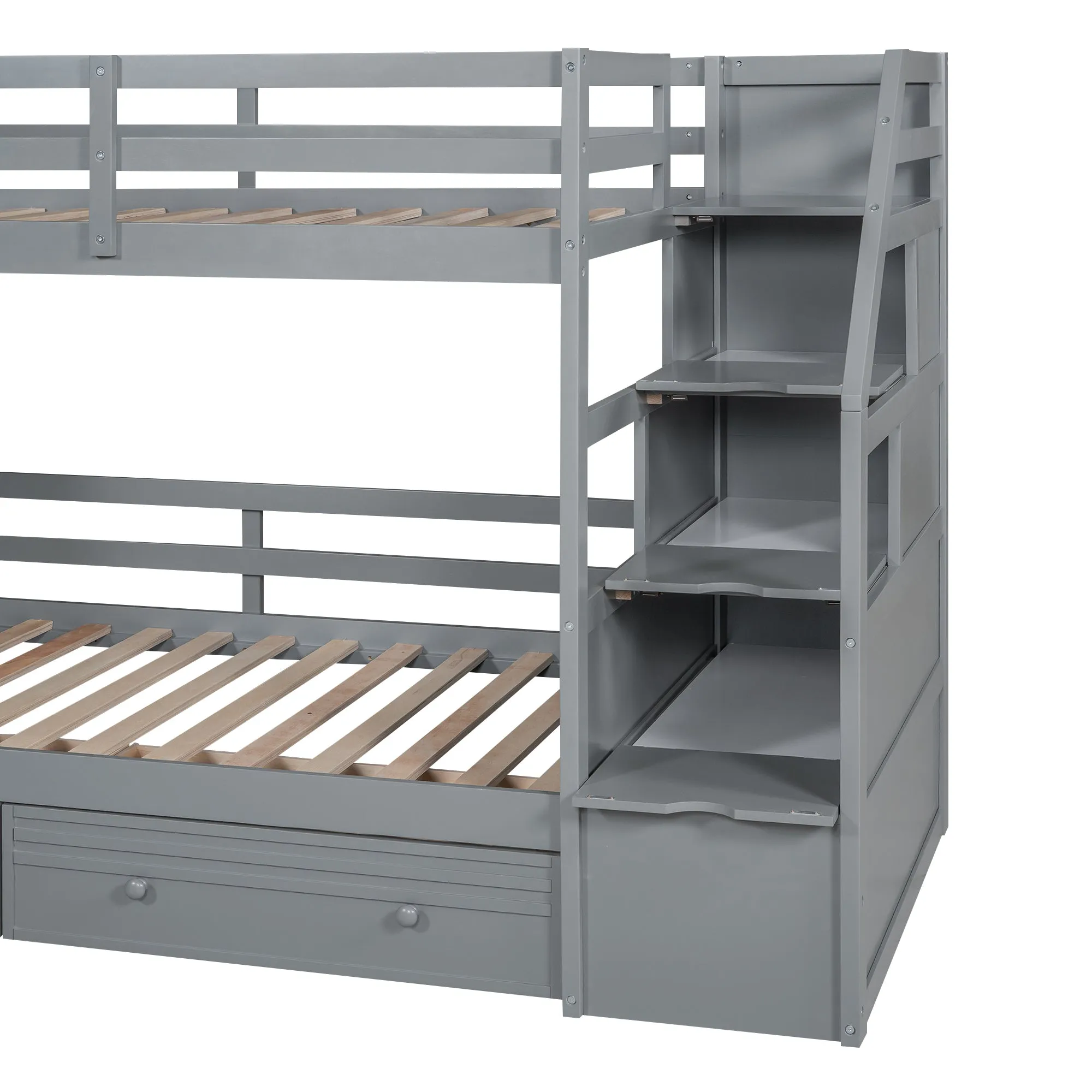 Twin over Twin Bunk Bed with Storage Staircase, Slide and Drawers, Desk with Drawers and Shelves  Gray