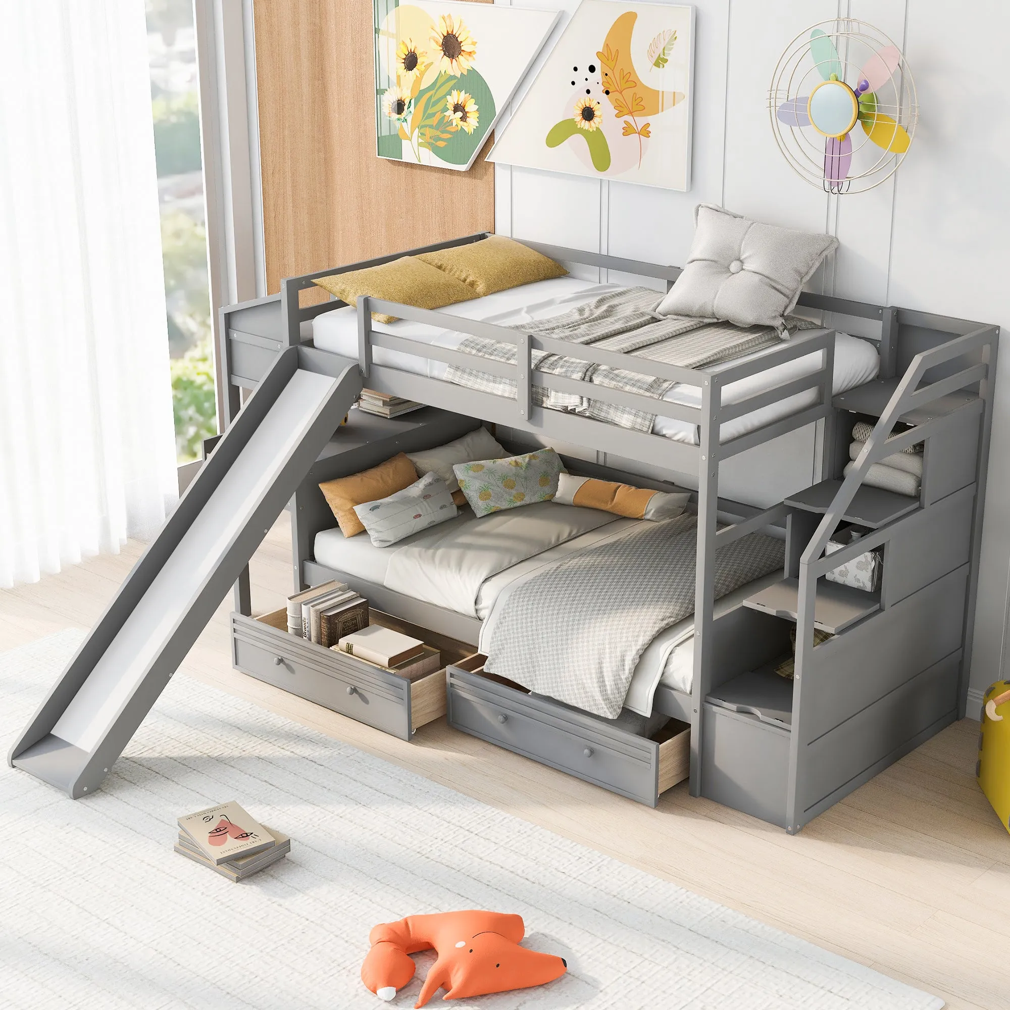 Twin over Twin Bunk Bed with Storage Staircase, Slide and Drawers, Desk with Drawers and Shelves  Gray