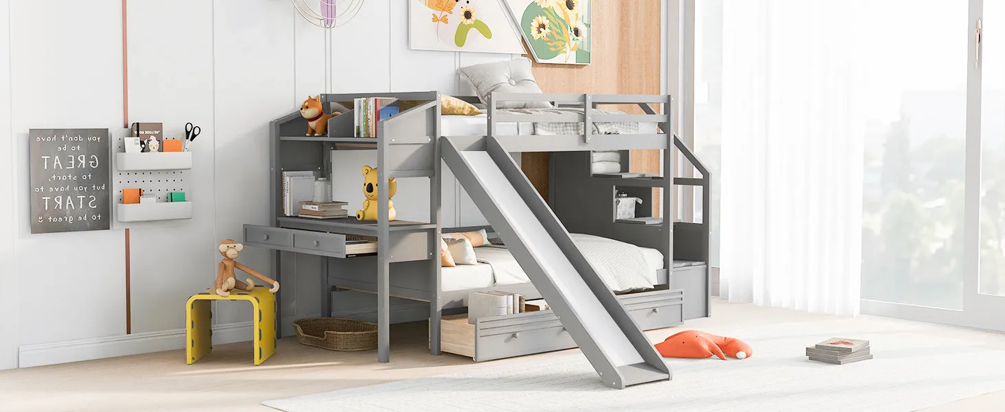 Twin over Twin Bunk Bed with Storage Staircase, Slide and Drawers, Desk with Drawers and Shelves  Gray