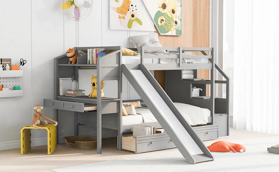 Twin over Twin Bunk Bed with Storage Staircase, Slide and Drawers, Desk with Drawers and Shelves  Gray