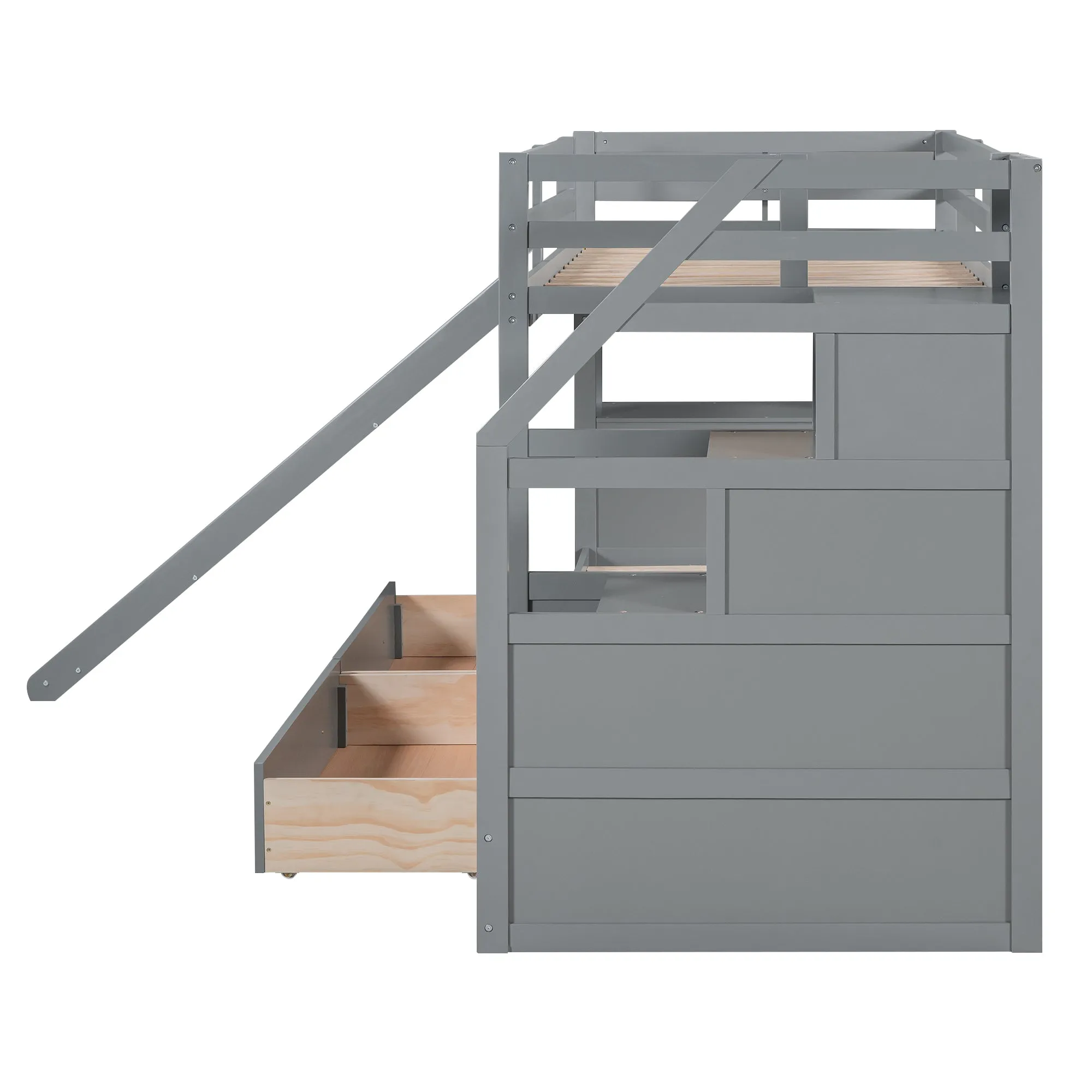 Twin over Twin Bunk Bed with Storage Staircase, Slide and Drawers, Desk with Drawers and Shelves  Gray