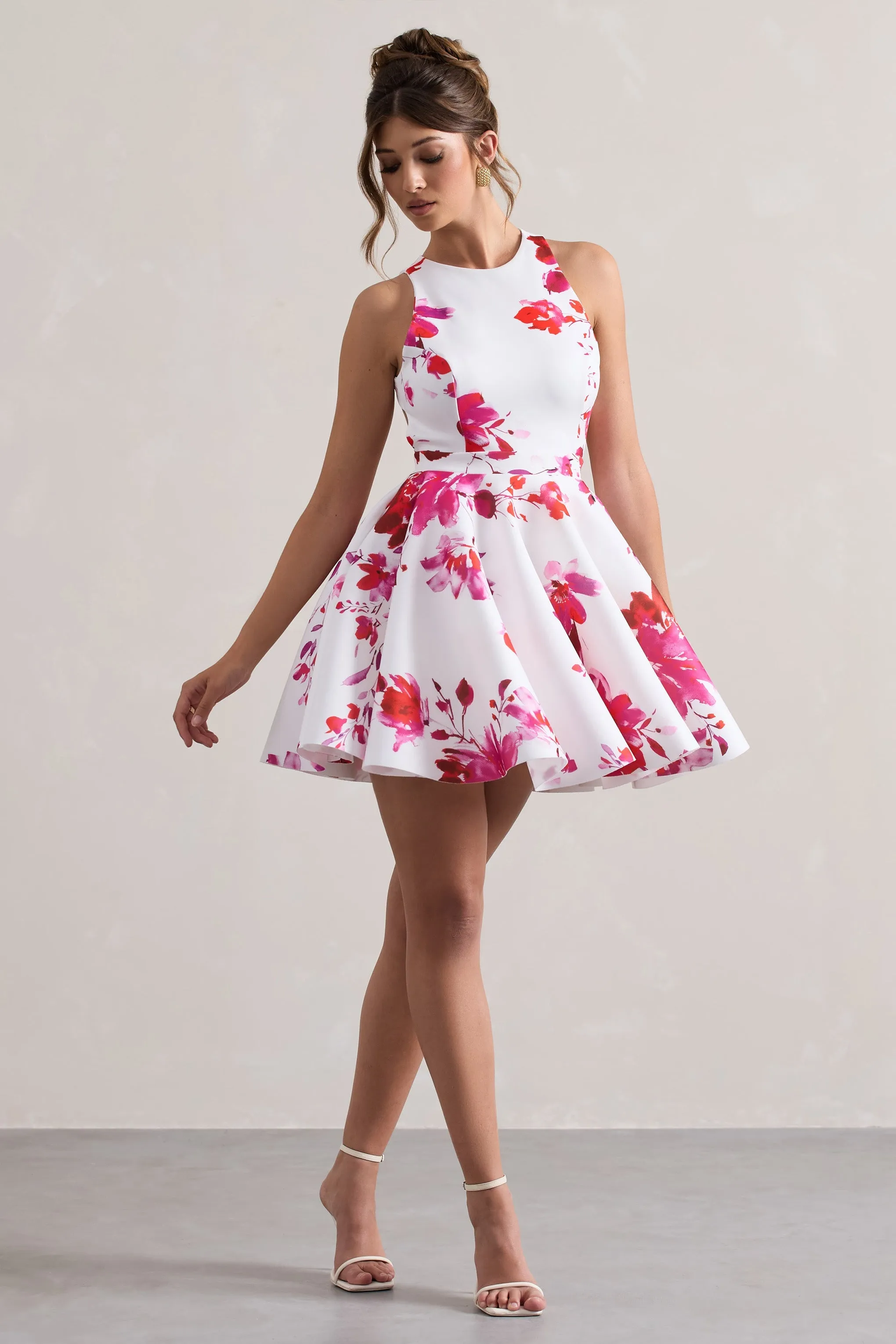 Waverly | Pink Floral Racer-Neck Sleeveless Skater Mini Dress