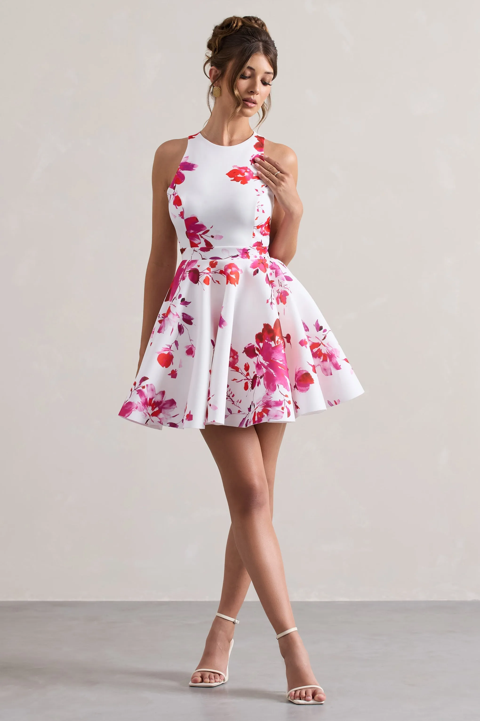 Waverly | Pink Floral Racer-Neck Sleeveless Skater Mini Dress